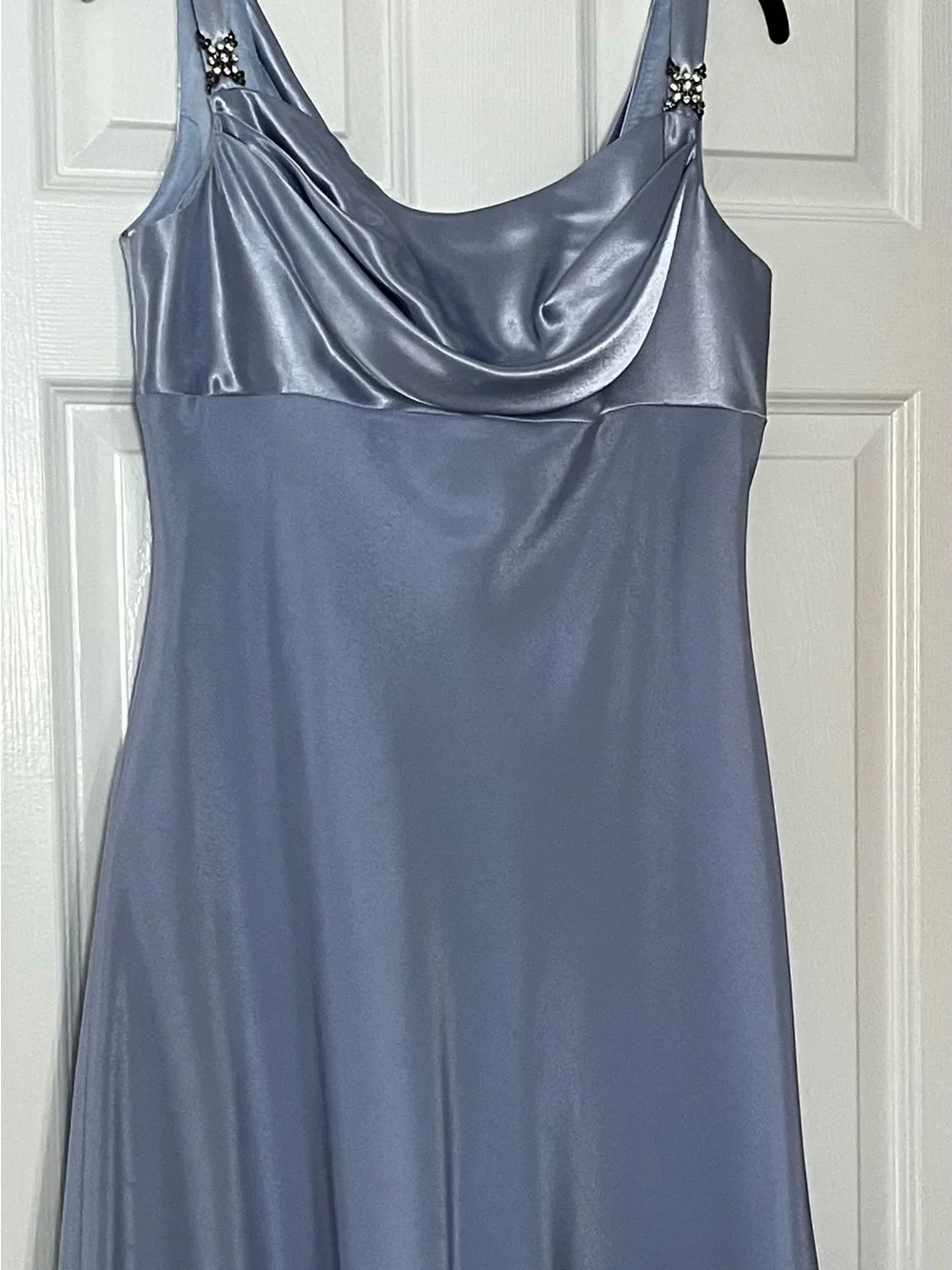 Elegant Satin Cowl Neck Evening Dress in Slate Blue